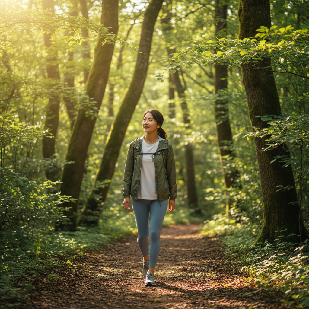 A Korean woman in her 30s enjoying a light walk on a forest path, exercising for health, vibrant green background, bright sunlight filtering through trees, natural lifestyle photography, no text.
