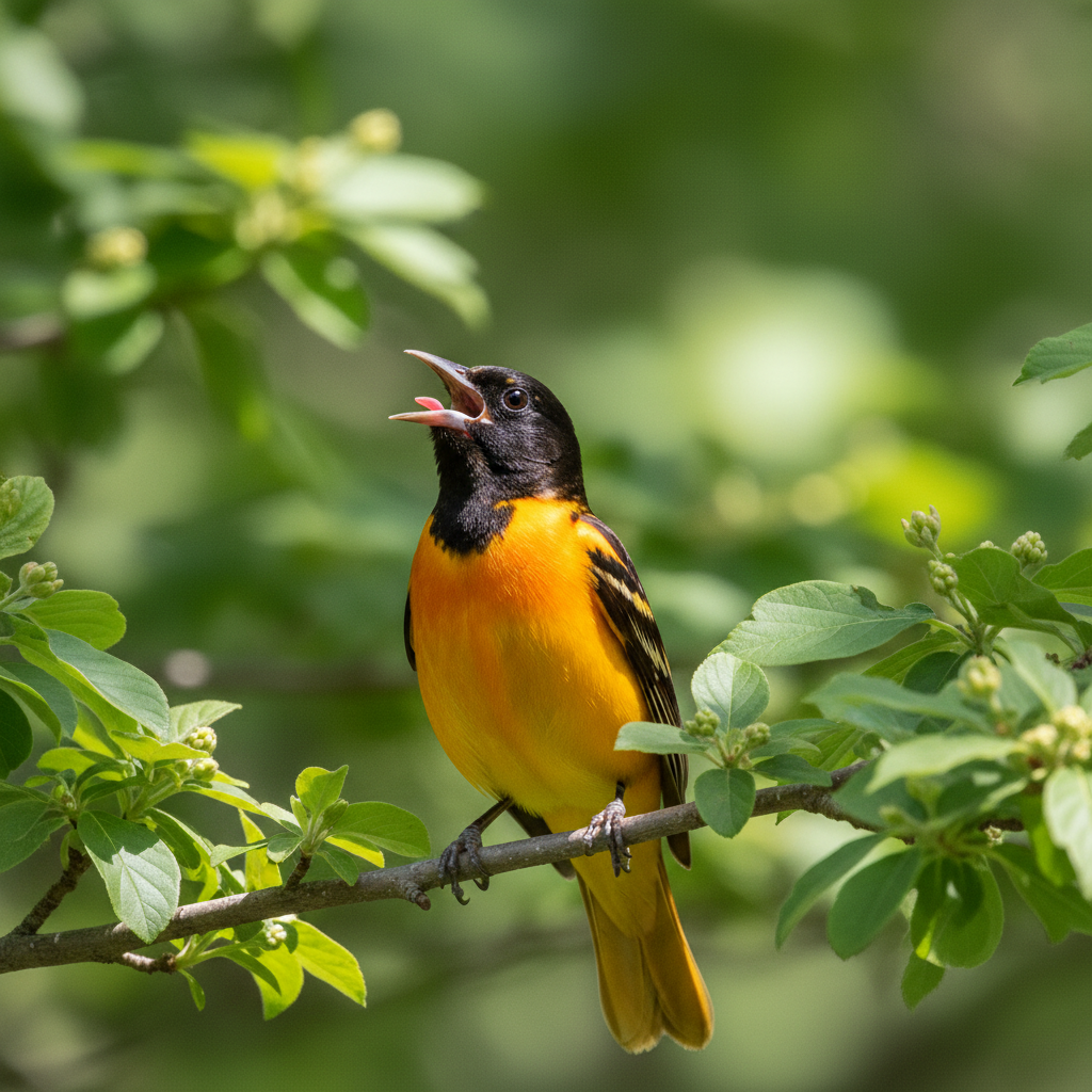 A beautiful Oriole bird perched on a leafy branch in a lush forest, with its beak open in song. The bird is depicted with vibrant yellow and black feathers against a rich, green background, captured in a detailed and realistic style with soft, natural lighting. No visible text.