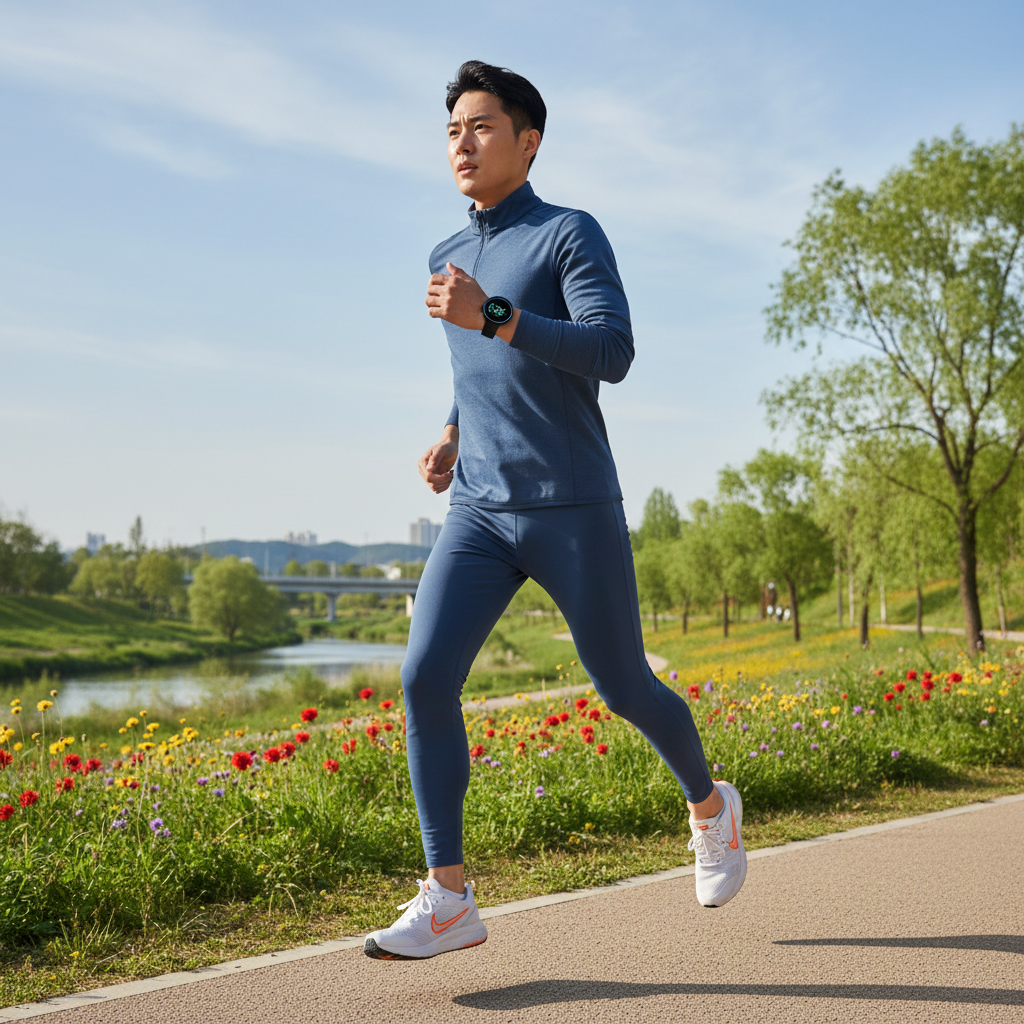 A Korean person in athletic wear running outdoors, a modern smartwatch clearly visible on their wrist, showing dynamic movement and a focused expression, bright daylight, vibrant natural background, no text