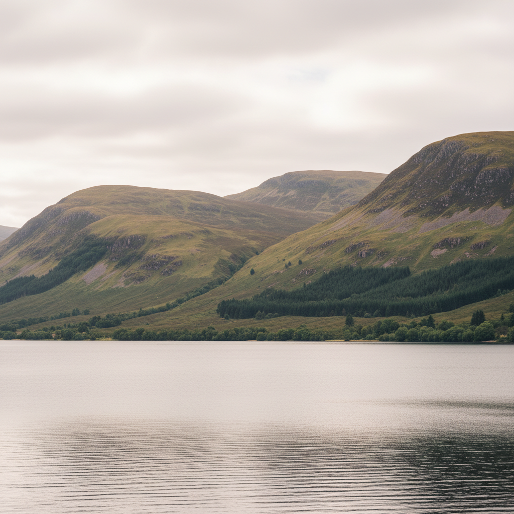 Serene landscape photography of Loch Ness in Scotland, featuring rolling hills and calm water under a soft, overcast sky, textured background, natural lighting, a sense of tranquility, no text