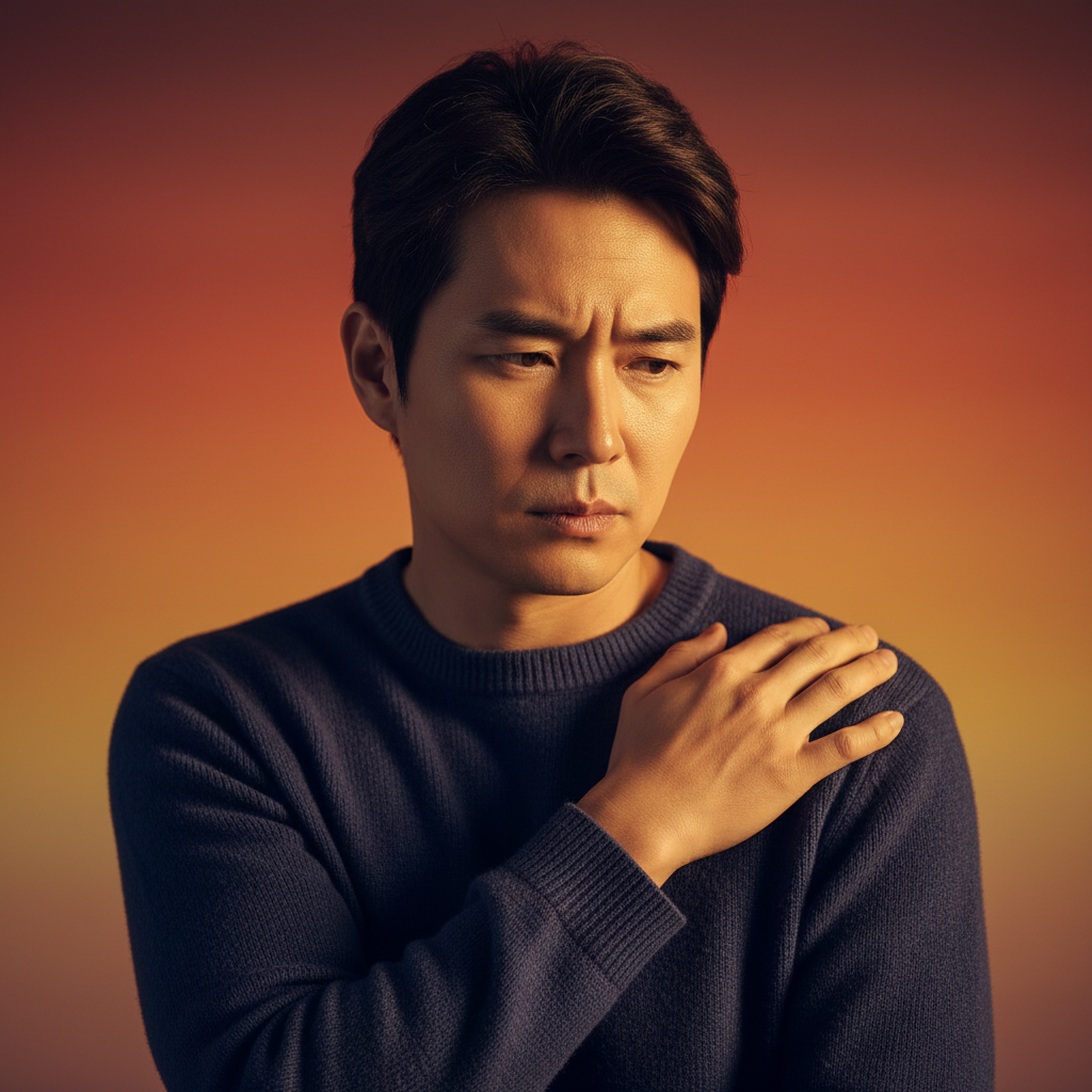 A Korean person looking thoughtful and slightly stressed, with a hand near their shoulder or chest area, representing nerve pain, warm lighting, colored background, no text