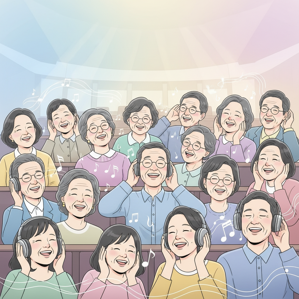 A modern illustration of diverse people (Korean appearance) of all ages listening to classical music with expressions of wonder and delight, perhaps at a concert hall or through headphones. The background is a soft, gradient color, evoking peace and inspiration, bright lighting, no visible text, centered focus.
