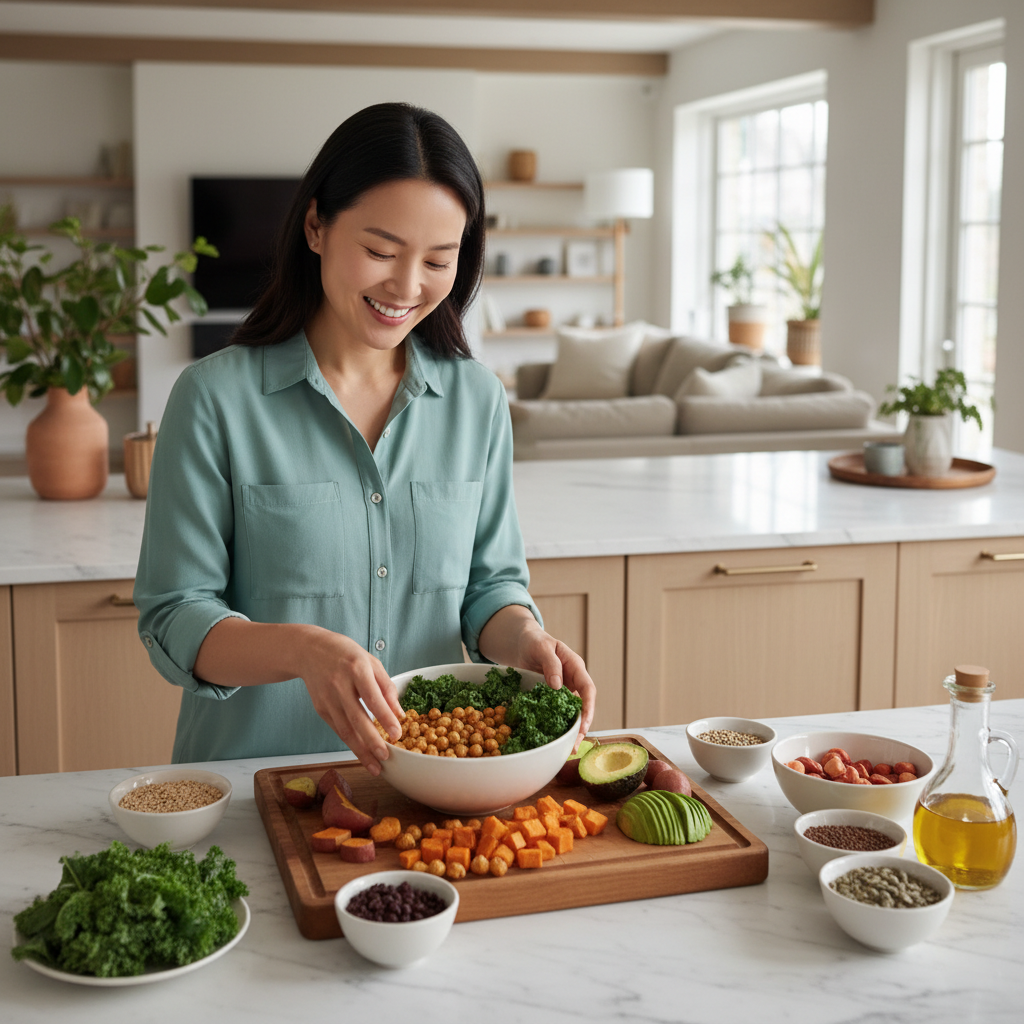 A smiling Korean woman in her 30s is preparing a healthy meal with various ingredients known for blood sugar management, including chickpeas. The kitchen is bright and modern, with a rich, inviting background, reflecting a natural and joyful cooking moment. No visible text.