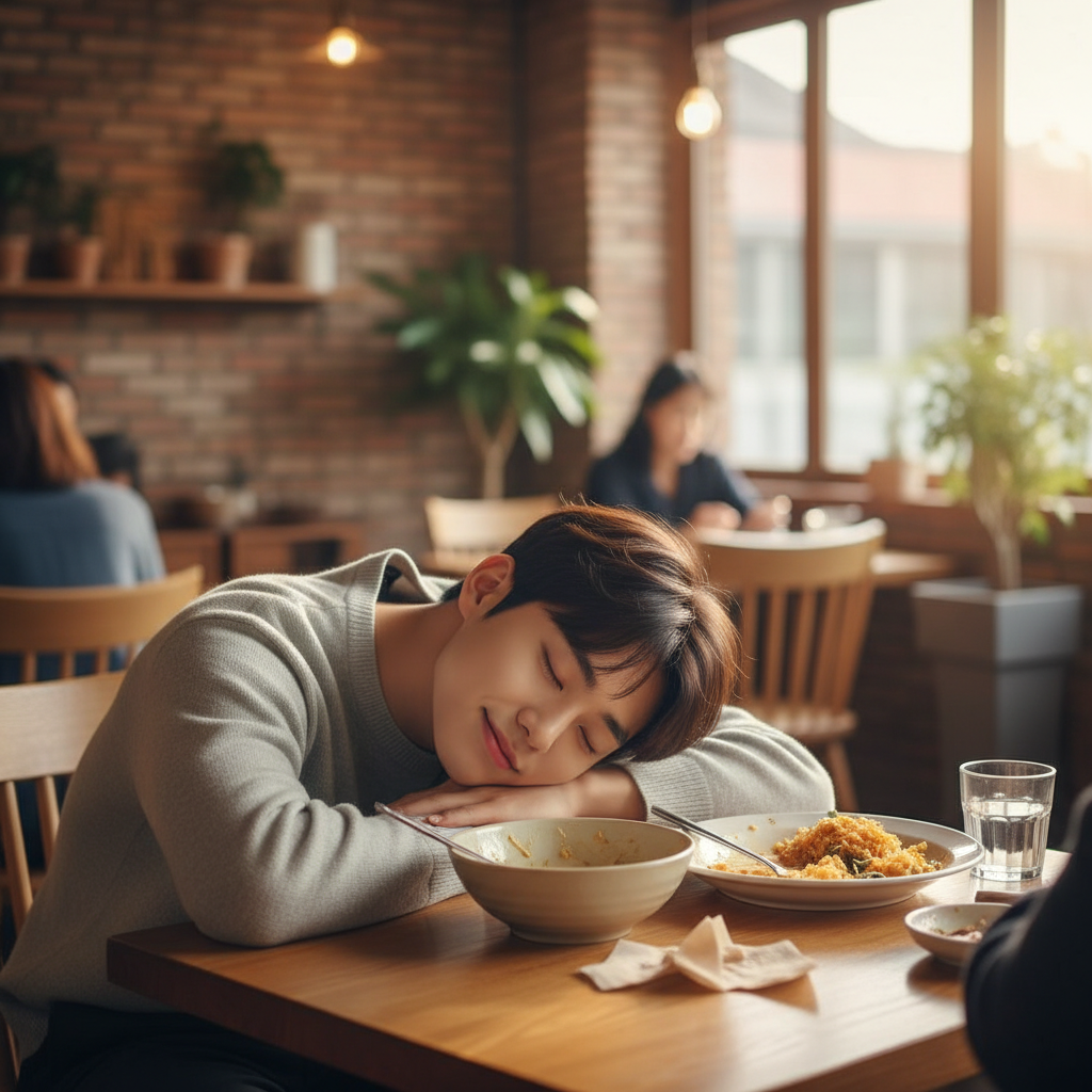 A Korean person feeling very sleepy and tired after eating a meal, head resting on a table, warm lighting, cozy cafe background, lifestyle photography, natural setting, no text