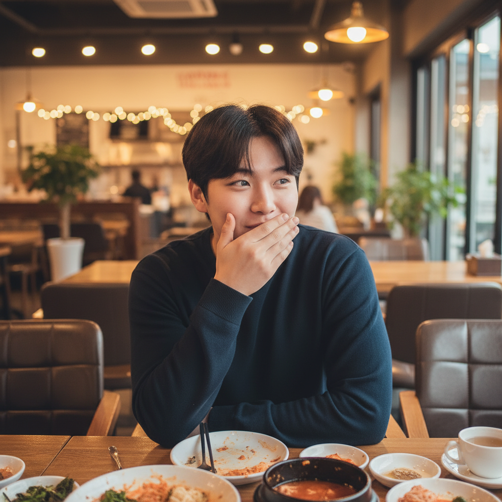 A Korean person looking slightly embarrassed but natural after belching during a meal, soft focus, warm lighting, cozy cafe background, no text