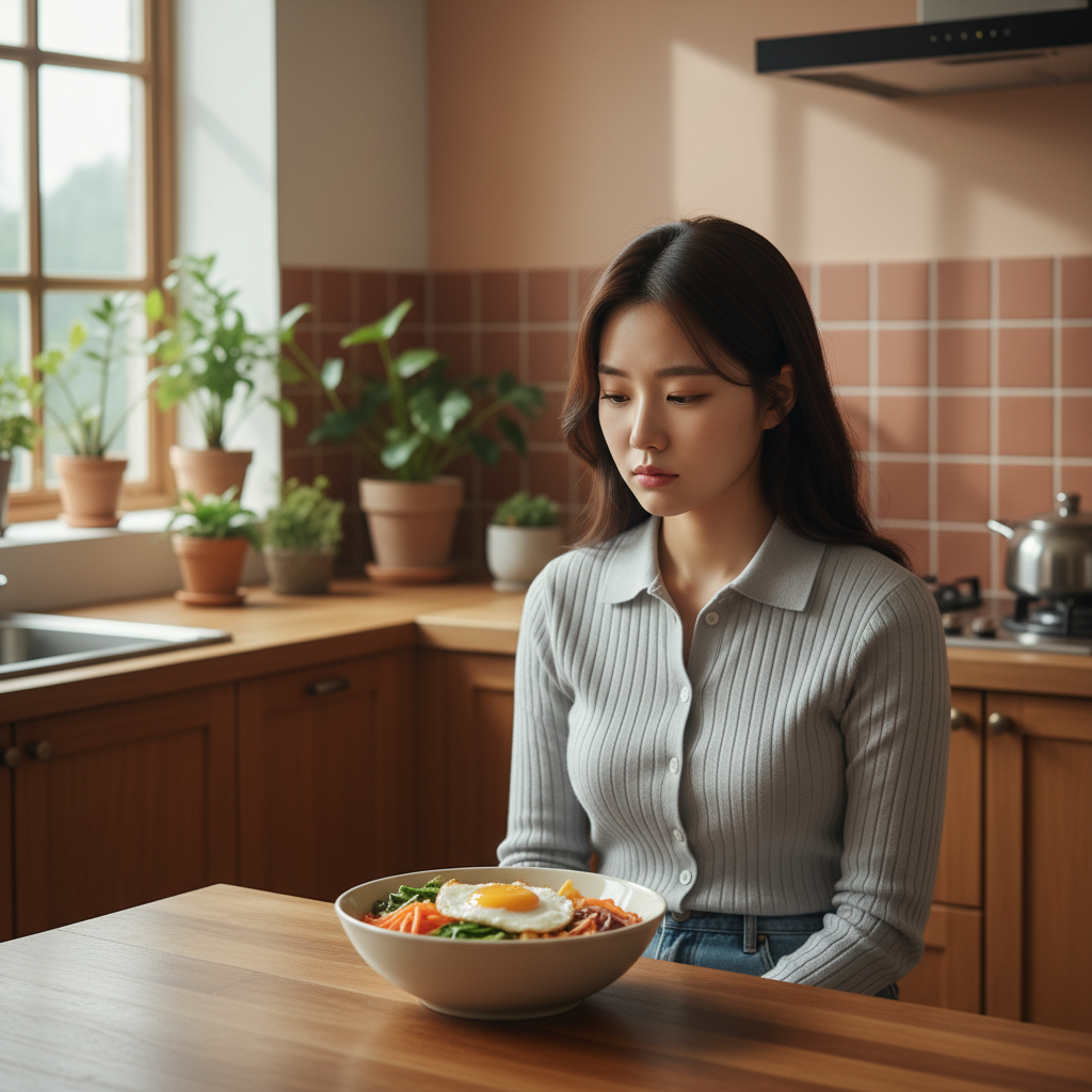 A Korean person looking at food with a loss of appetite, with a subtle discomfort expression, in a home kitchen setting with natural lighting and a warm, colored background. No visible text.