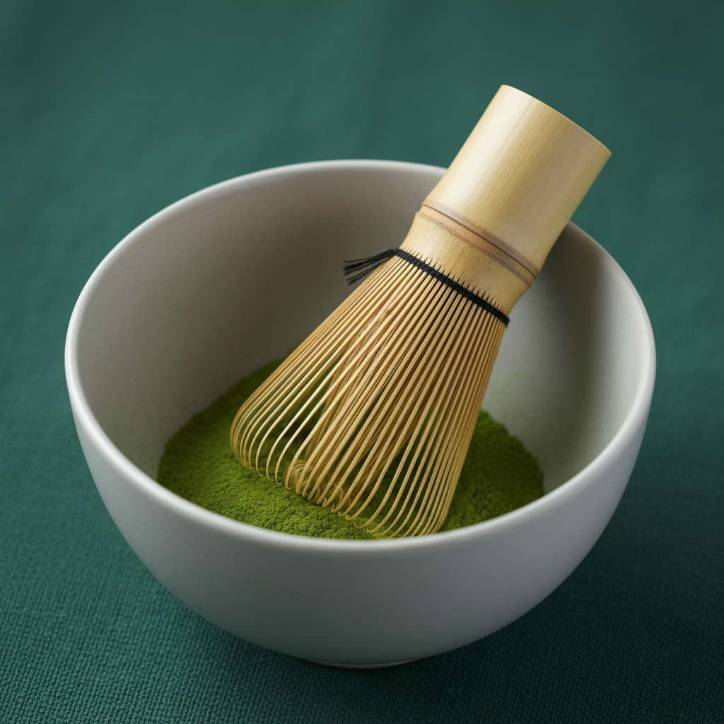Close-up of vibrant green matcha powder and traditional bamboo whisk (chasen) in a bowl, clean and modern aesthetic, bright balanced lighting, textured dark green background, no text