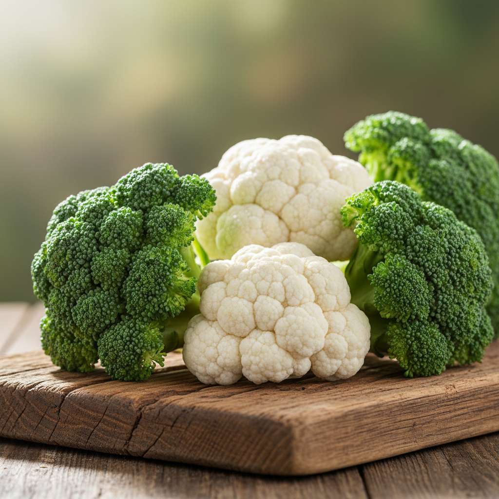 A close-up, vibrant photograph of fresh green broccoli florets and white cauliflower florets arranged aesthetically on a rustic wooden board. The lighting is bright and natural, highlighting the texture and freshness of the vegetables. The background is a soft, natural hue, no text.