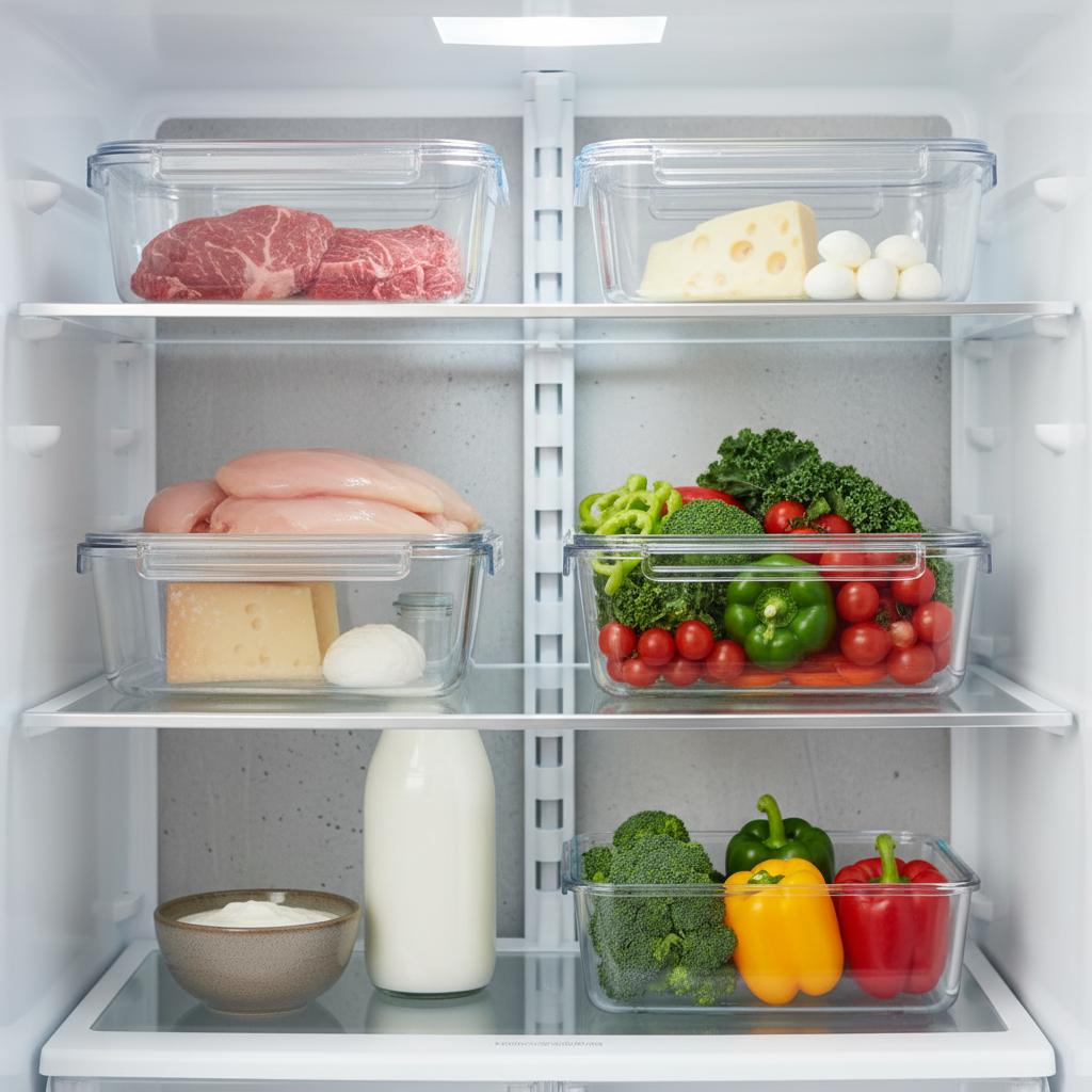 A vibrant still life image showing various fresh ingredients like meat, dairy, and vegetables neatly stored in clear, airtight containers inside a clean, modern refrigerator, with balanced lighting and a slightly textured background, no text