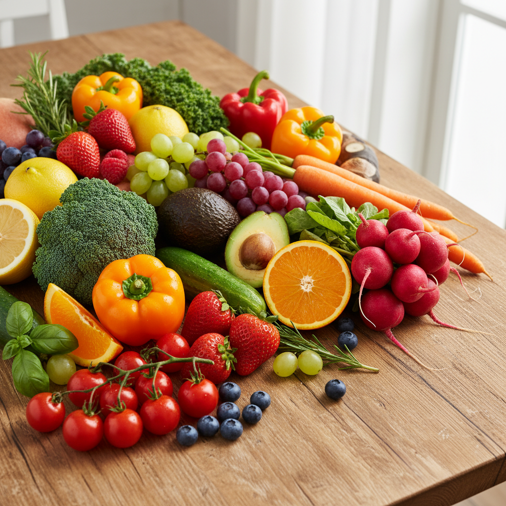A vibrant and colorful spread of fresh vegetables and fruits on a kitchen table, healthy diet, bright and natural lighting, rich textured wooden background, no text.