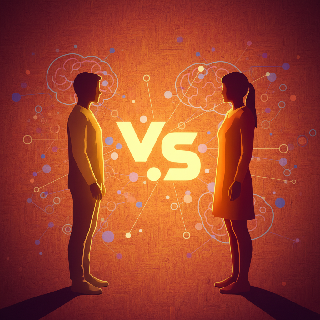 Abstract representation of a psychology experiment, silhouettes of two people in different colored clothes being compared, modern infographic style, high contrast, warm lighting, textured background, no text