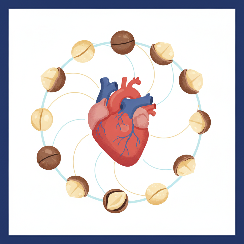 Clean infographic showing a healthy heart surrounded by macadamia nuts, with subtle lines indicating positive blood flow, modern layout, high contrast, no text.