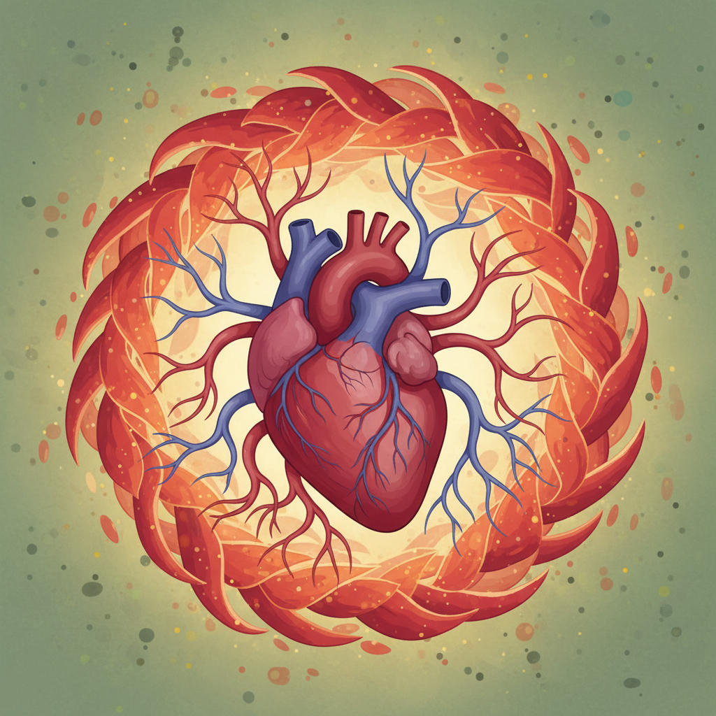 An artistic illustration depicting healthy heart and blood vessels, surrounded by protective elements from tomato peel, modern layout, textured background, no text, bright lighting, centered focus