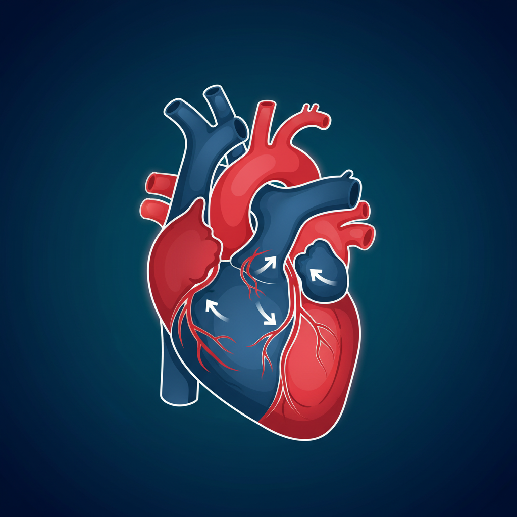 A close-up illustration of the human heart, highlighting its chambers (atria and ventricles) and major blood vessels, clean infographic, modern layout, high contrast, colored background, no text
