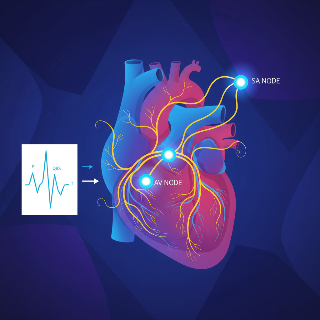 A modern clean infographic showing the heart's electrical signal generation (SA node), with waves and connections. High contrast, colored background, scientific illustration style, no text. No visible text in image. If UI elements needed, English-only minimal text.