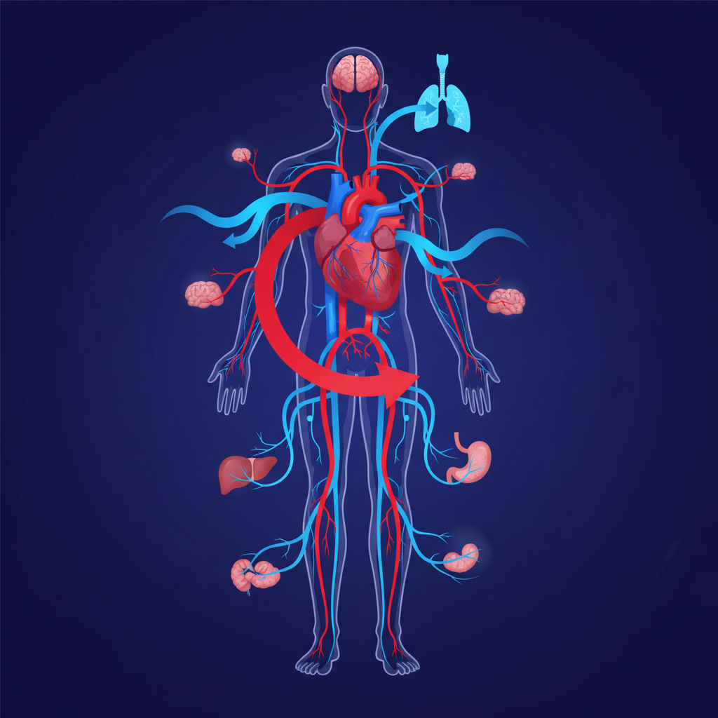 A vibrant clean infographic showing the heart as a pump, illustrating blood circulation through the body. Modern layout, high contrast, colored background, no text. No visible text in image. If UI elements needed, English-only minimal text.