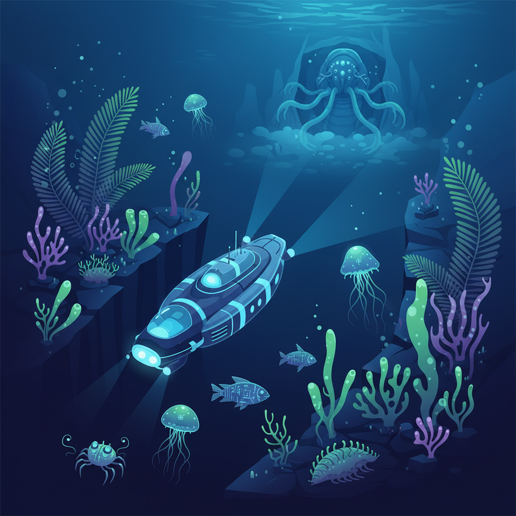 A futuristic submersible exploring an unknown part of the deep ocean, surrounded by strange deep-sea flora and fauna, capturing the sense of discovery and mystery, clean infographic style, dark blue to black gradient background, no text