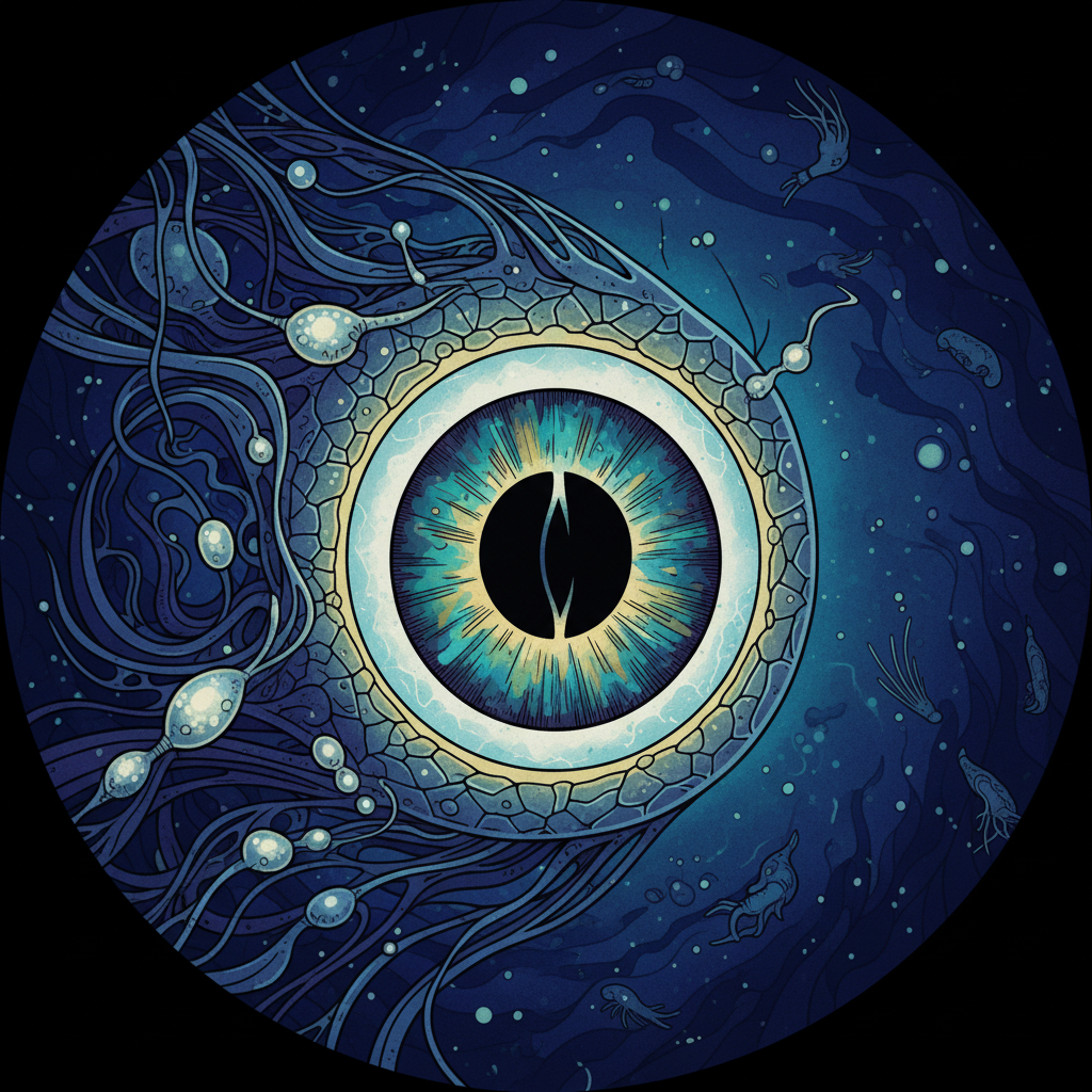 A close-up, surreal depiction of a giant squid's eye in a dark, mysterious deep-sea environment, glowing subtly. Clean infographic style, high contrast, textured background with deep blue and purple hues, no text.
