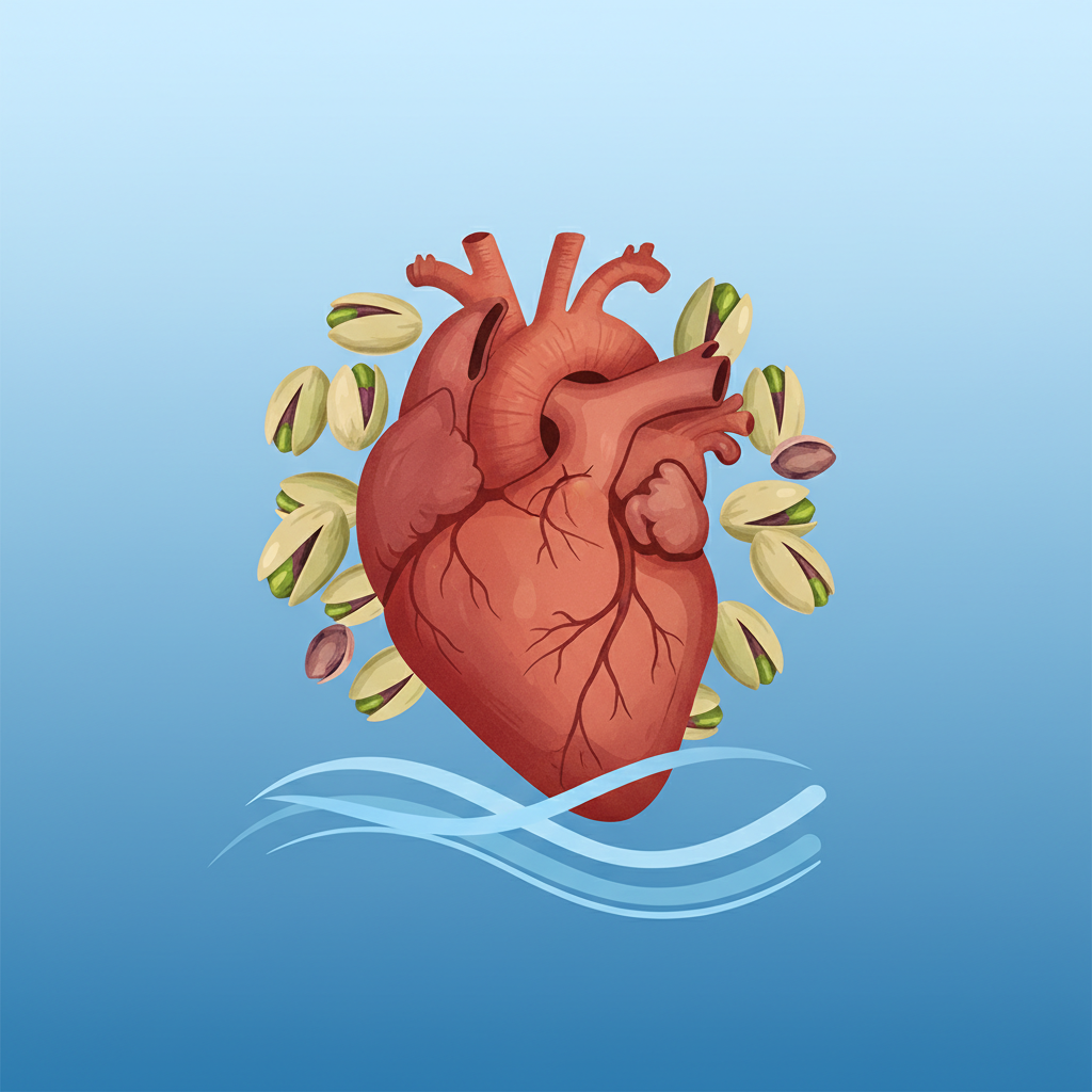 A modern illustration of a healthy heart surrounded by pistachios, with gentle waves representing healthy blood flow. The background is a soft, gradient blue, signifying calmness and health, no text.