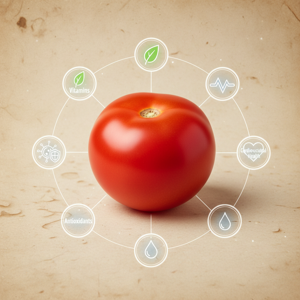 A close-up vibrant red ripe tomato with its skin intact, illustrating health benefits and antioxidants, clean infographic style, textured background, no text, bright and balanced lighting, centered focus