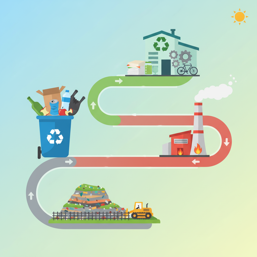A vibrant clean infographic illustrating the journey of waste from a household bin to various treatment facilities like recycling plants, incinerators, and landfills. Use clear pathways and icons, bright and balanced lighting, colored background, no text.