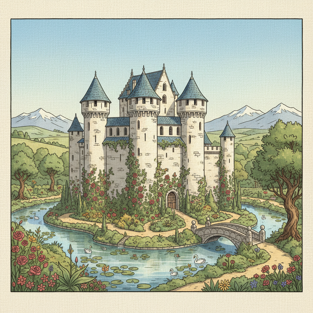 Illustration of a peaceful medieval castle with its moat integrated into a beautiful garden, artistic rendering, textured background, bright lighting, centered focus, no text.