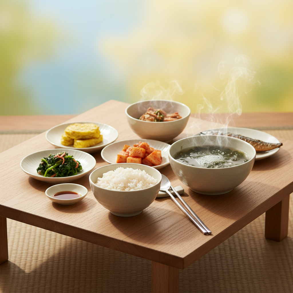 Lifestyle photography of a typical Korean breakfast with white rice, soup, and simple side dishes on a dining table, warm lighting, natural setting, colored background, no text