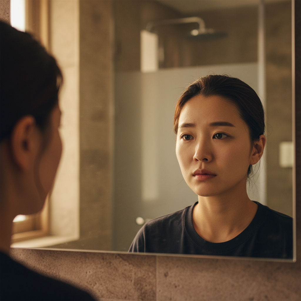 A close-up lifestyle photograph of a Korean woman in her late 20s looking in a bathroom mirror with a slightly worried or tired expression, her face showing subtle puffiness. Soft morning light, textured bathroom background, natural setting, warm lighting, no text.