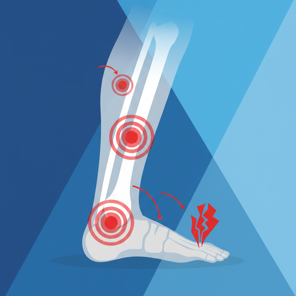 Clean infographic showing the Achilles tendon and common pain points near the heel, with subtle arrows indicating progression from inflammation to rupture, modern layout, high contrast, colored background, no text