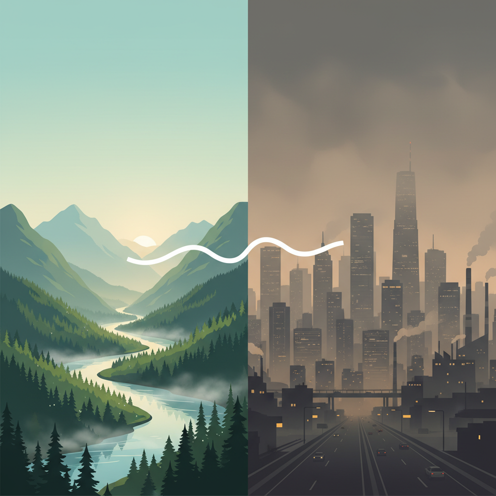 A split image comparing a clear, fresh natural scene with a hazy, polluted city scene, showing the contrast between fog and smog, clean infographic style, colored background, no visible text