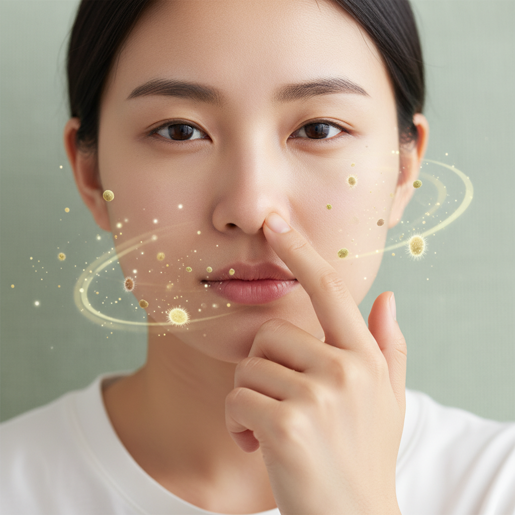 A person gently touching their nose due to allergies, with a subtle illustration of pollen or dust mites around, representing the cause of allergy. Bright, balanced lighting, a soft green textured background, Korean appearance, natural expression, centered focus, no text. Lifestyle photography and illustration style.