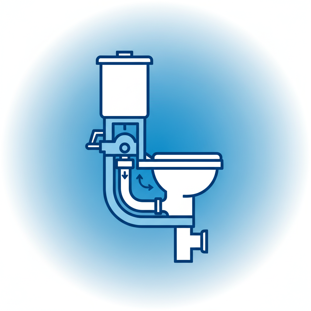 clean infographic of Alexander Cumming's 18th-century flushing toilet patent design, showing cross-section, modern layout, high contrast, blue and white gradient background, no text