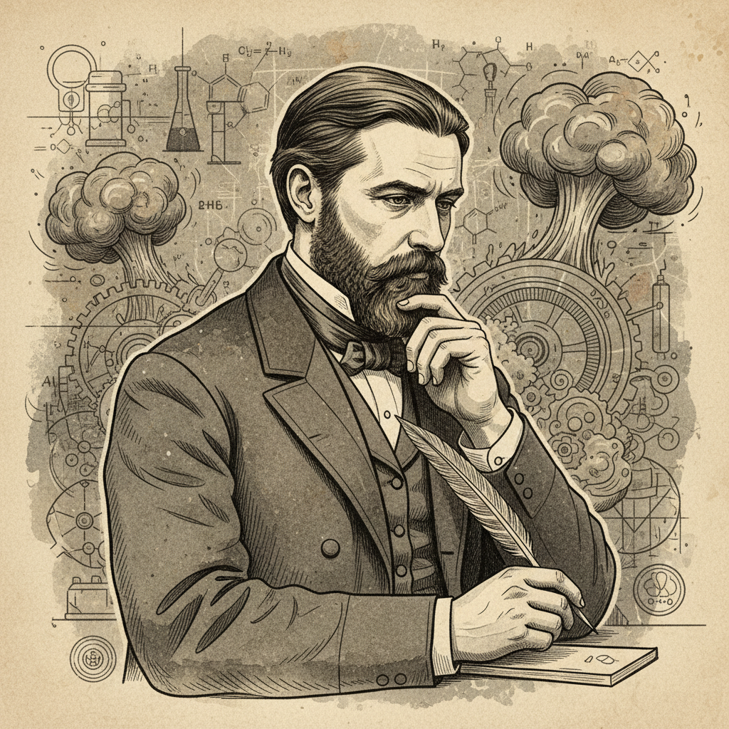 illustration, artistic rendering of Alfred Nobel, a Swedish chemist and inventor, in a thoughtful pose, textured background, no text
