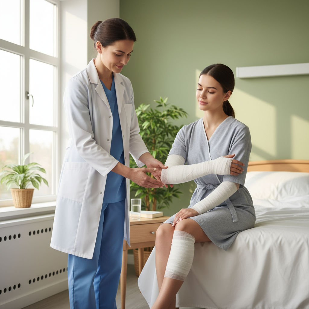 A medical professional examining a patient's bandaged arm and leg, indicating pressure, a sterile but warm hospital room, lifestyle photography, natural setting, colored background, no text