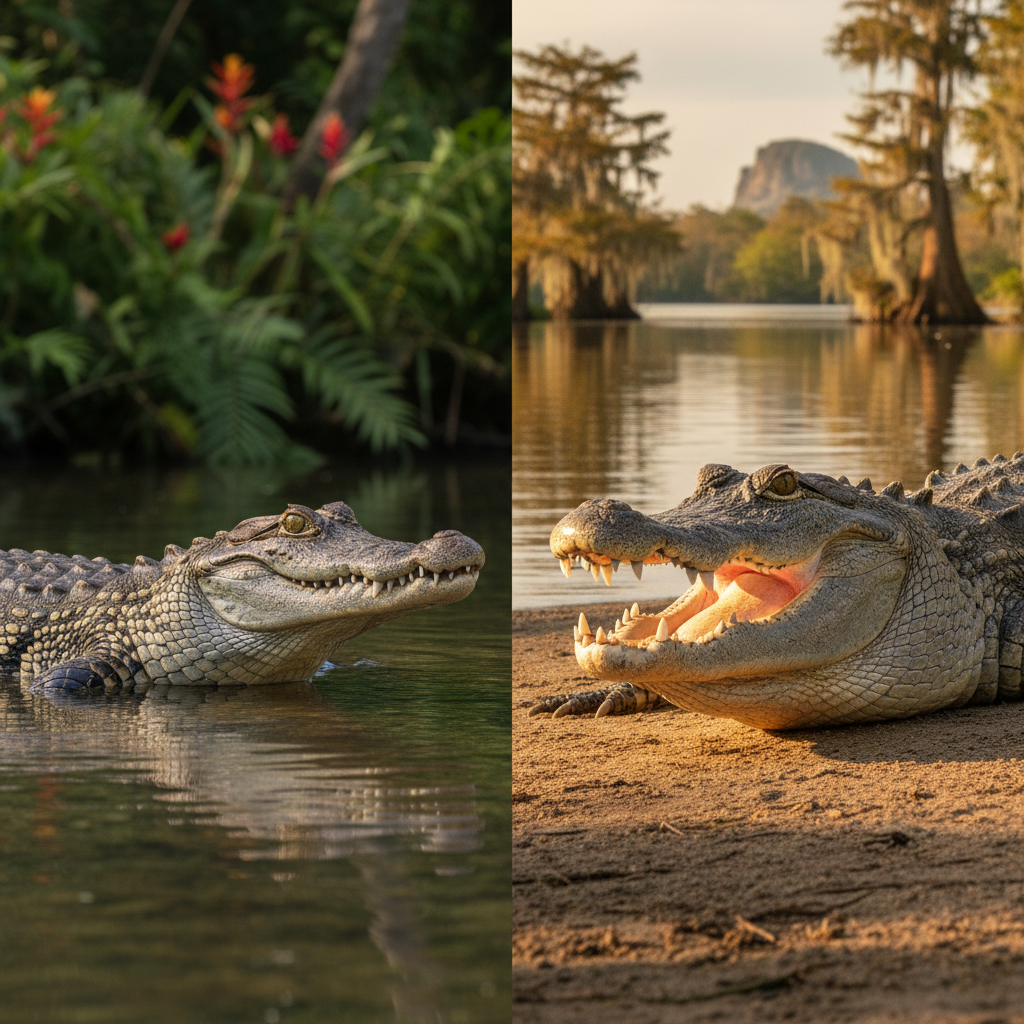 A side-by-side comparison of two reptiles, one darker and slightly smaller with only upper teeth visible, the other lighter and larger with both upper and lower teeth visible, lifestyle photography, warm lighting, natural setting, no text