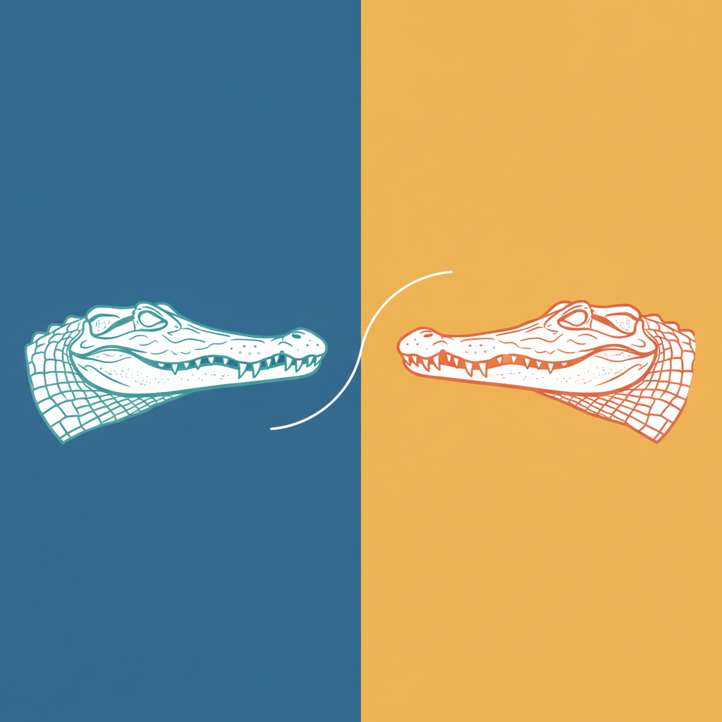 Two different types of reptiles, one with a U-shaped snout and the other with a V-shaped snout, subtly shown for comparison, clean infographic, modern layout, high contrast, colored background, no text