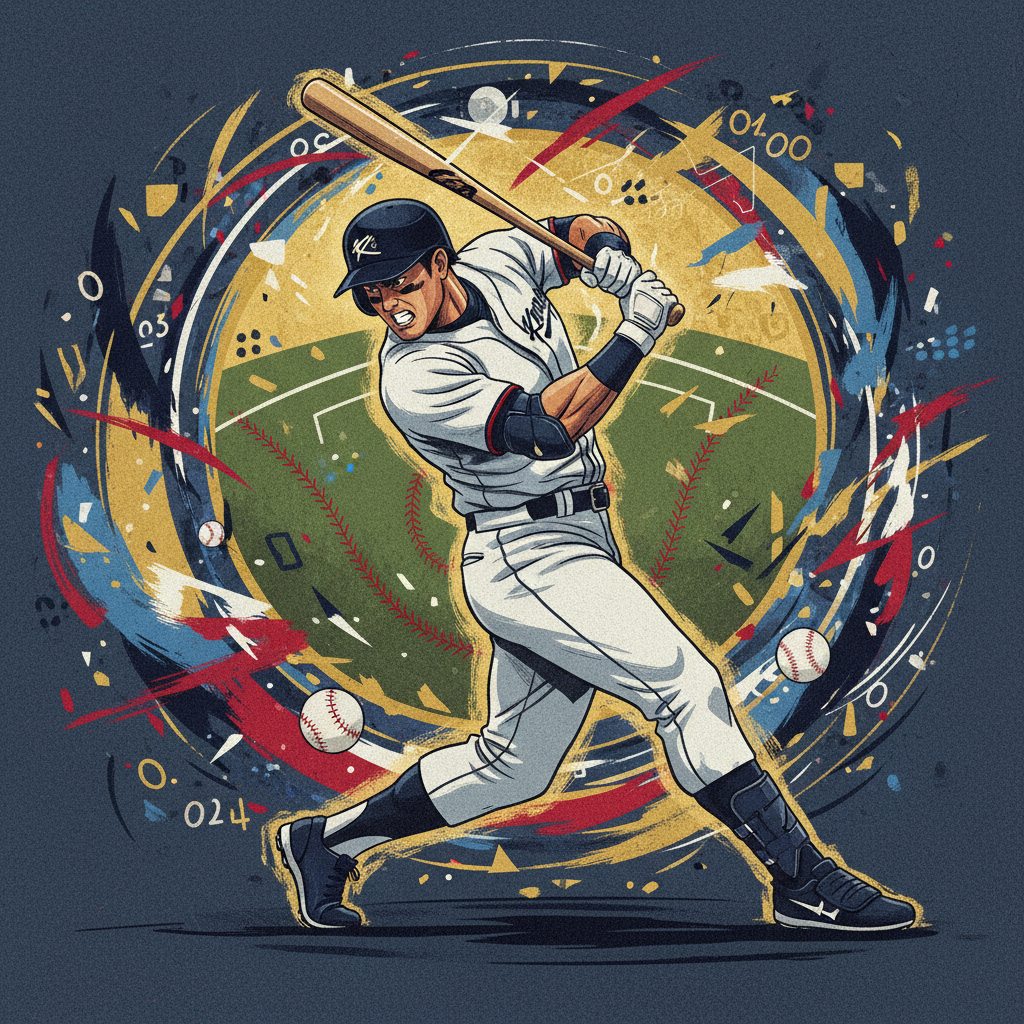 A powerful baseball player, Korean appearance, mid-swing with a bat, abstract artistic rendering in the background symbolizing legendary home run records, illustration style, textured background, no text