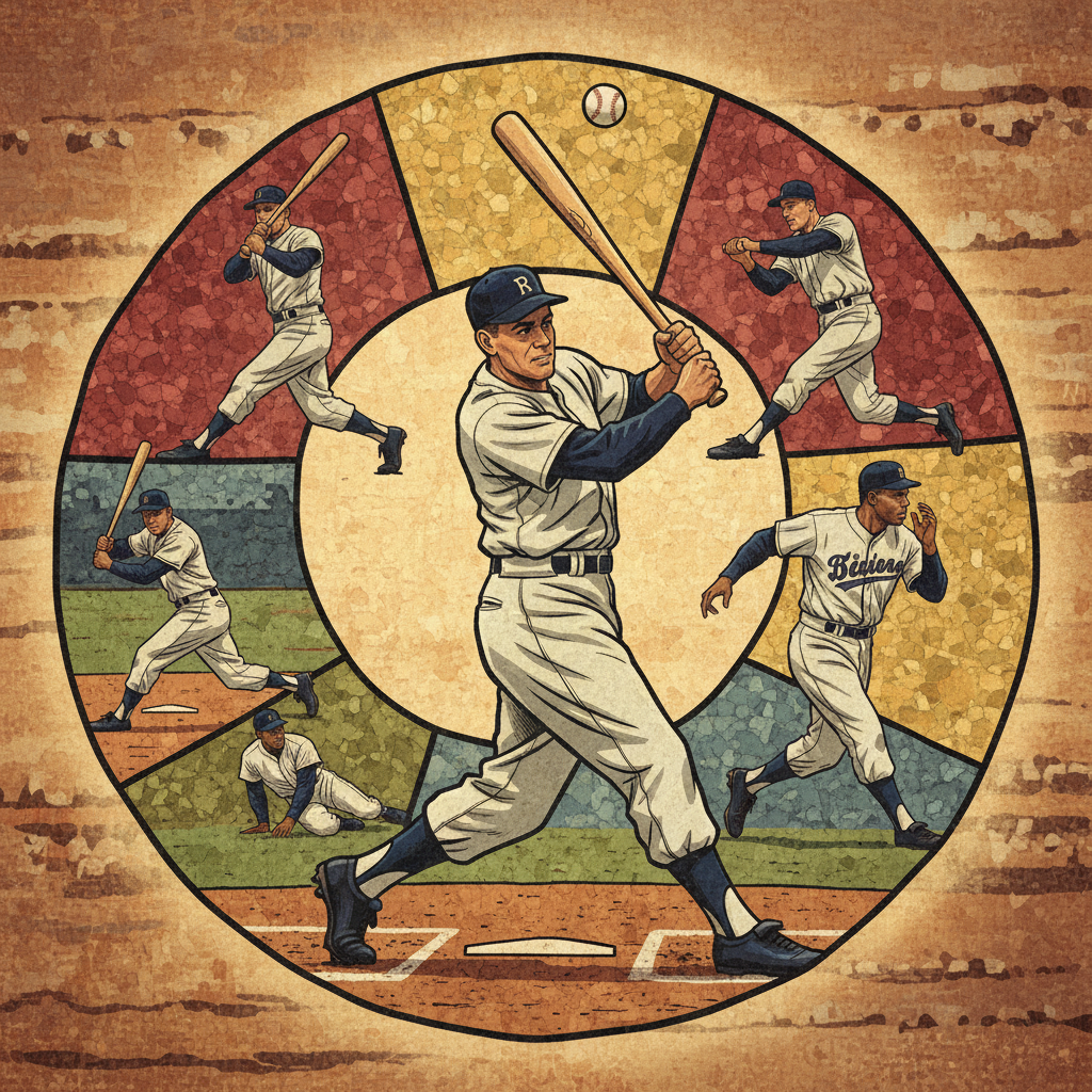 An artistic rendering of a mosaic composed of classic baseball moments, illustrating different legendary players hitting home runs, vintage color palette, illustration style, warm textured background, no text