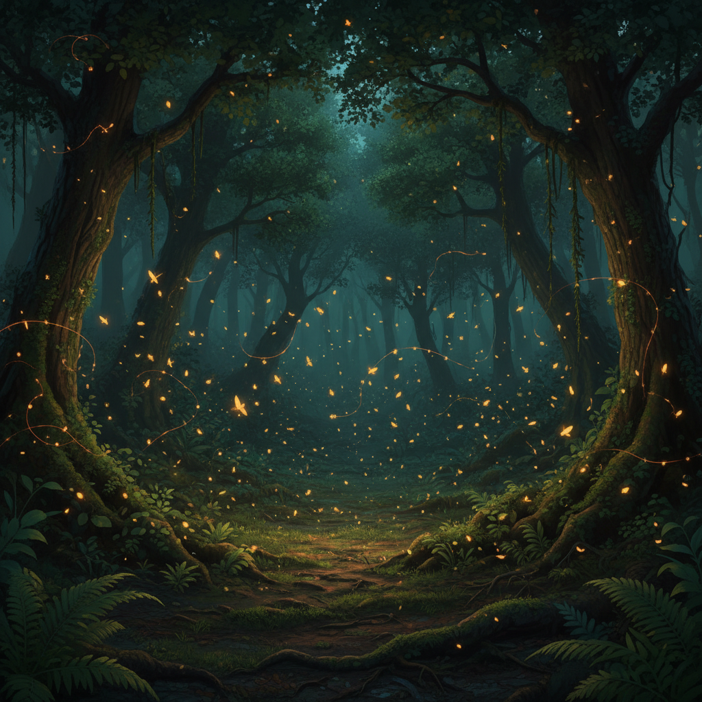 A captivating night scene in a lush forest with several fireflies emitting a soft, warm glow, creating a magical atmosphere. The forest floor and trees are subtly lit by their luminescence. Detailed composition, dark green and blue gradient background, no text