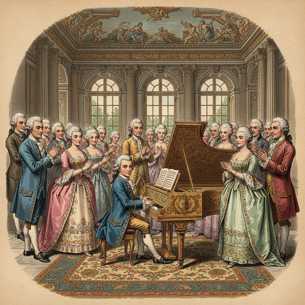 A historical illustration of a young Mozart playing a harpsichord, surrounded by an appreciative audience in a grand 18th-century hall. The scene is depicted with an artistic rendering and a textured background, bright and balanced lighting, no visible text, centered focus.