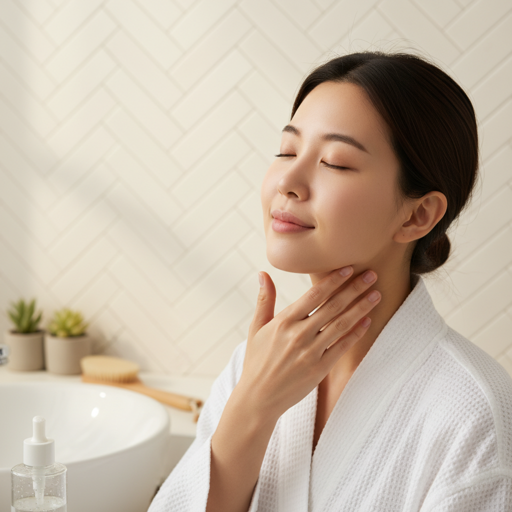 A close-up lifestyle photograph of a Korean woman gently massaging her face or neck with her fingertips as part of a morning routine. Bright, balanced bathroom lighting, textured tiled background, natural setting, no text.