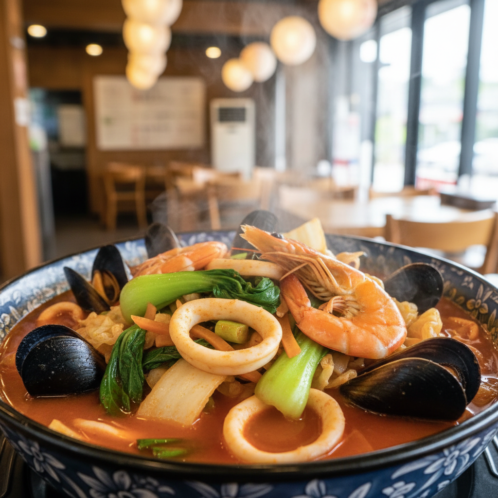 A vibrant, close-up shot of a steaming bowl of Samseon Jjampong, filled to the brim with red, spicy broth, an abundance of fresh mussels, large shrimp, squid, and colorful vegetables like napa cabbage and bok choy. Steam is visibly rising, creating an inviting atmosphere. The background is a slightly blurred, warm restaurant interior. Lifestyle photography, bright lighting, no text, centered focus, Korean appearance.