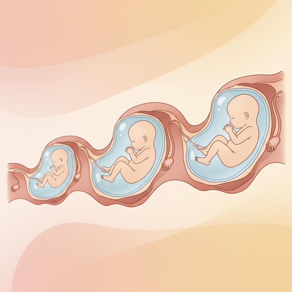 A serene, clean infographic of a human fetus developing inside a womb, with a warm, gradient background, Korean appearance, no text