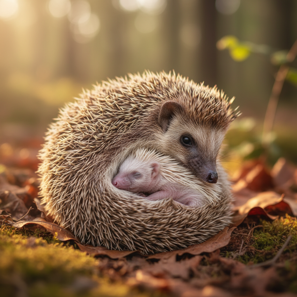 A cute baby hedgehog snuggled in its mother's embrace, its soft quills barely visible under a thin skin layer, warm lighting, natural setting, textured background, no text, Korean appearance