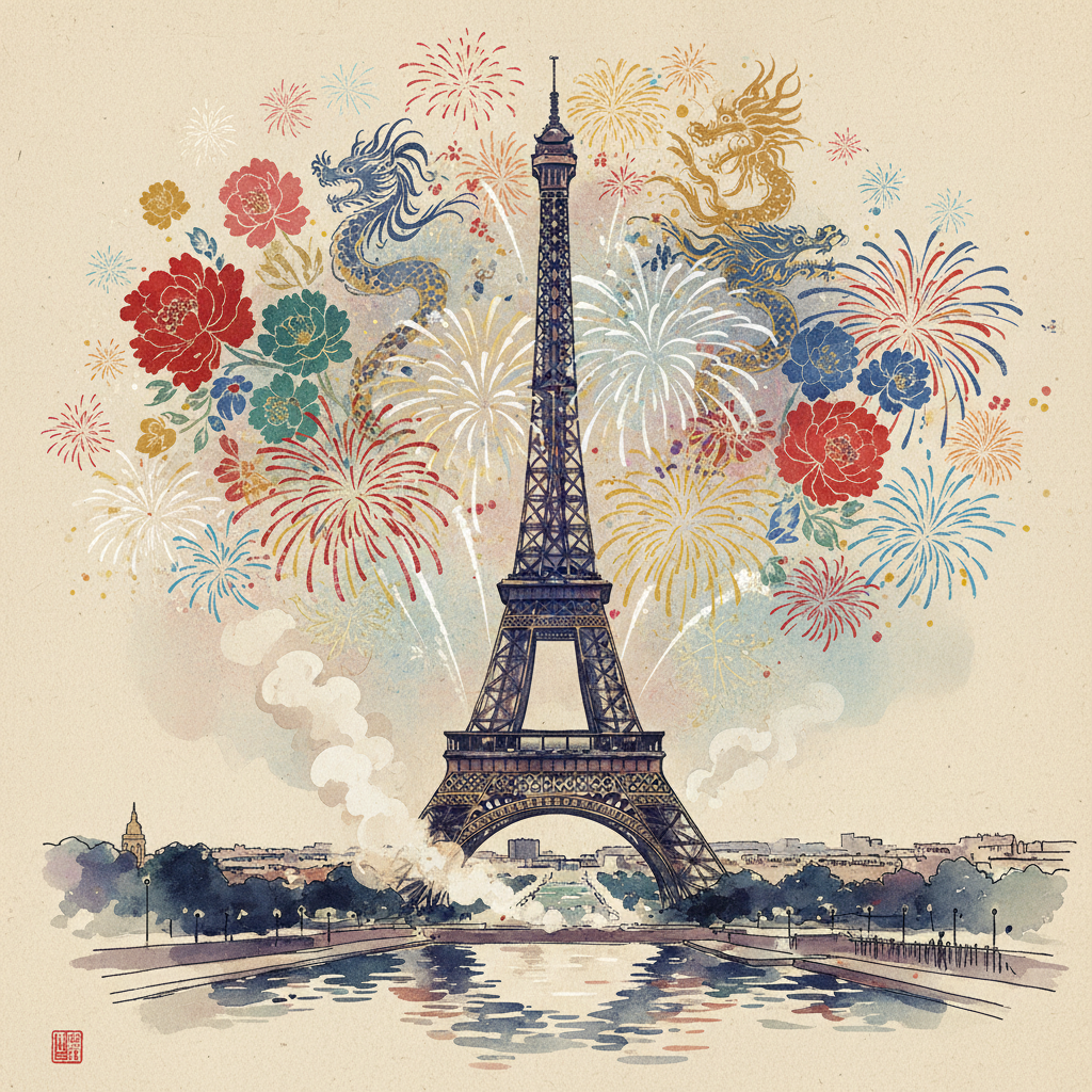 A romantic illustration of the Eiffel Tower framed by a magnificent fireworks show during Bastille Day in Paris, with a textured background and artistic rendering, no text, Korean appearance