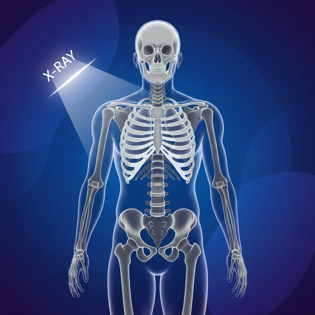 A clean infographic illustrating X-ray penetration through the human body, showing different densities of bone and soft tissue in shades of grey, modern layout, high contrast, colored background, no text