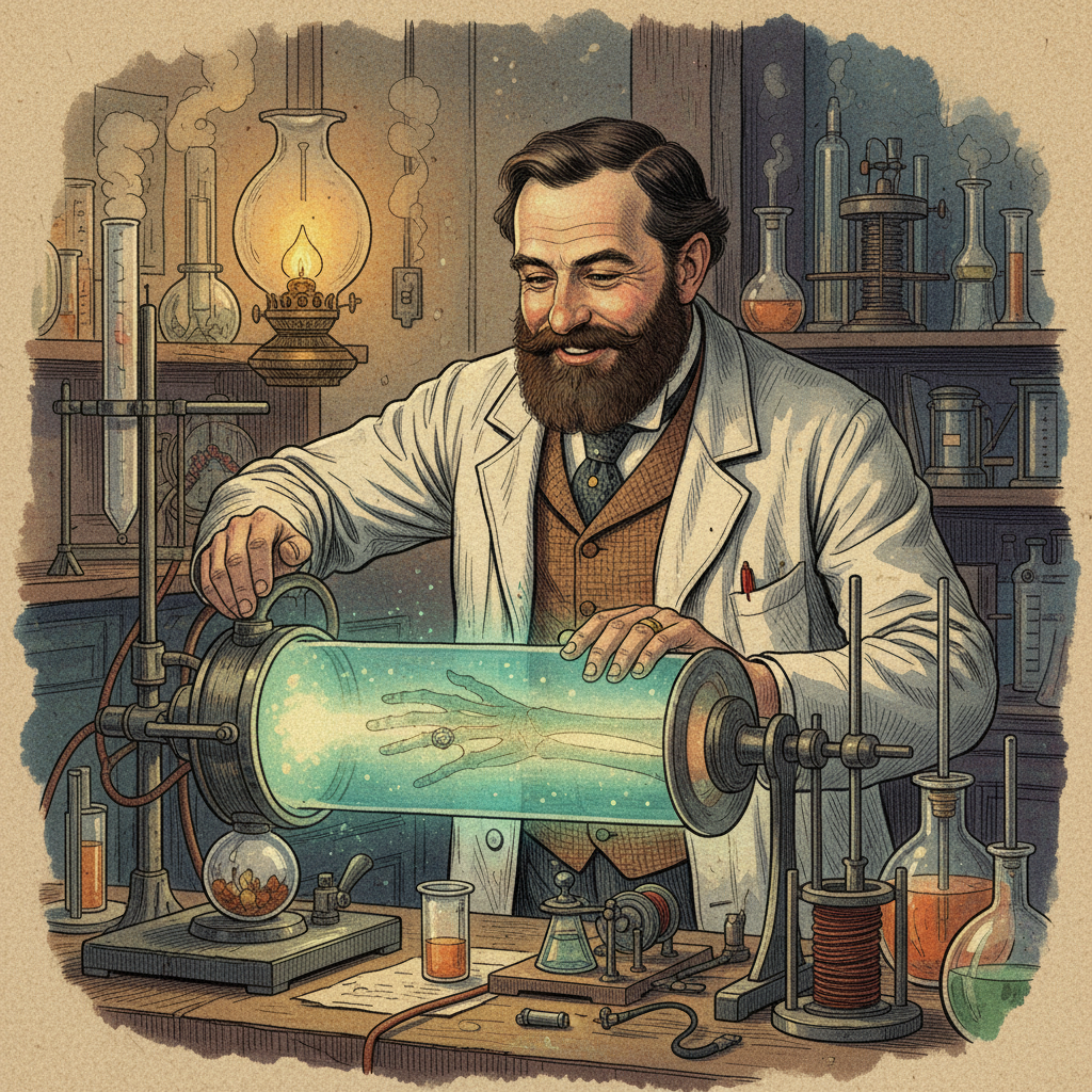 An artistic rendering in an illustration style depicting Wilhelm Röntgen in a 19th-century laboratory, excitedly observing his wife Anna Bertha Ludwig's hand being X-rayed, warm lighting, textured background, no text