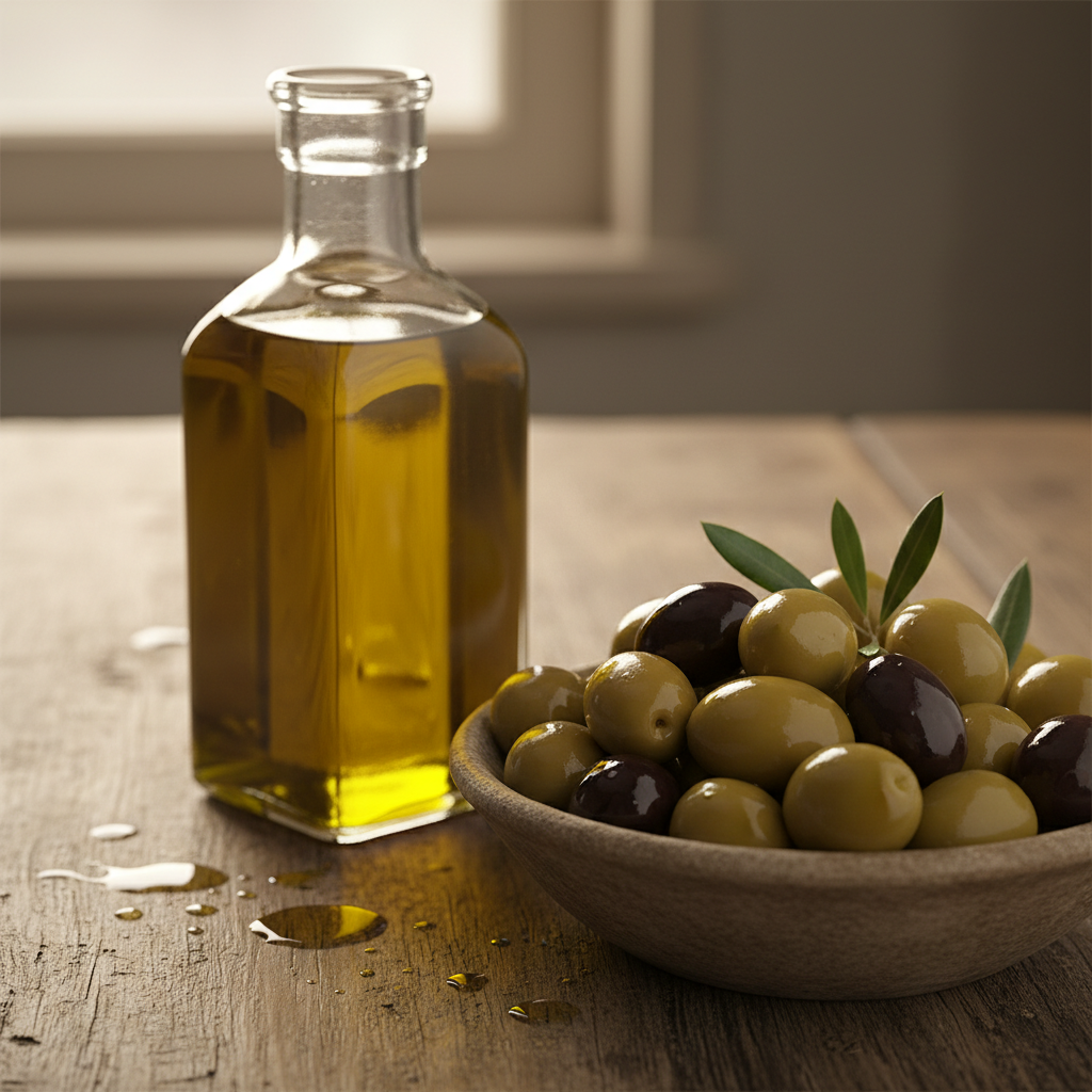 A close-up lifestyle photograph of an extra virgin olive oil bottle and fresh olives in a rustic bowl, with soft, warm lighting, on a textured wooden background. No text.