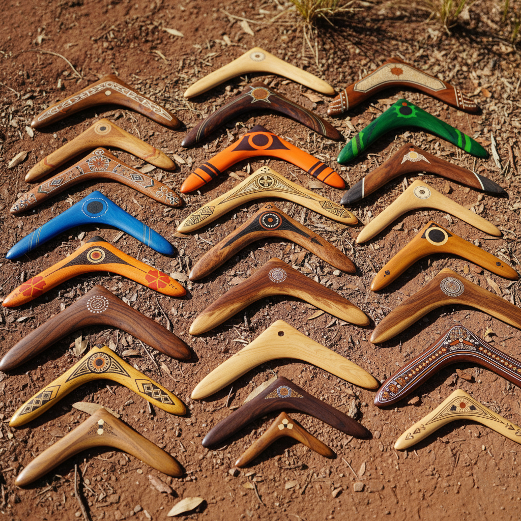 A visually rich display of various types of boomerangs, showcasing their different shapes and designs, set against a natural, slightly textured background, bright lighting, no text