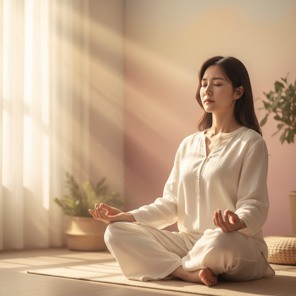A serene Korean woman practicing gentle yoga or meditation in a sunlit room, emphasizing balance and well-being, warm lighting, soft gradient background, lifestyle photography, no text